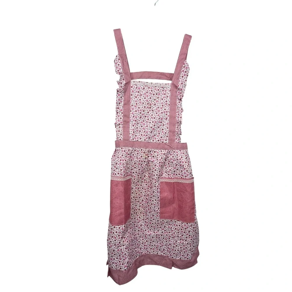 Vintage Apron Womens OS Pink Gingham Floral Cottagecore Retro Kitchen Grandma